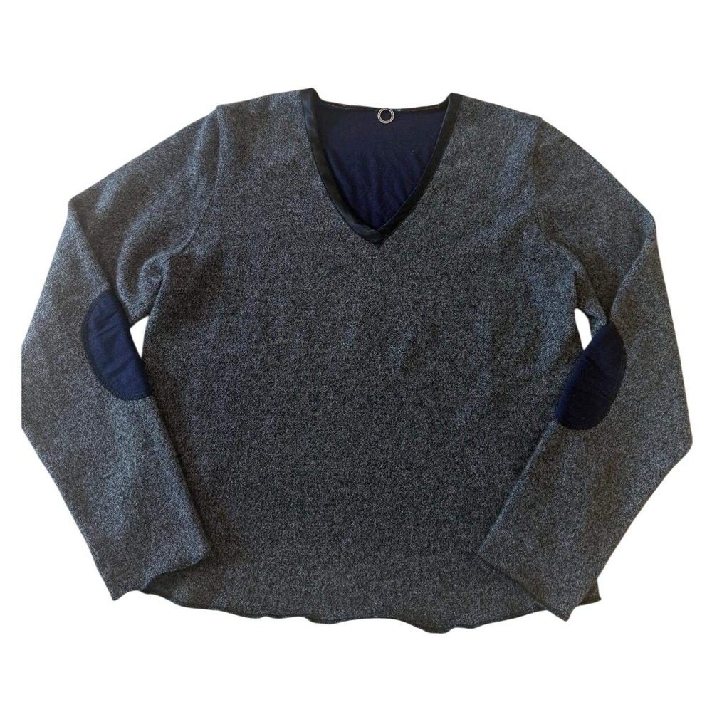 One Girl Who Cashmere V-Neck Sweater Grey Navy Elbow Patches Mixed Media L
